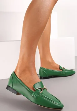 Zielone Klasyczne Mokasyny z Kwadratowym Noskiem na Płaskim Obcasie Ozdobione Klamrą Aldreda