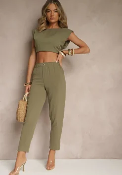 Zielone Klasyczne Spodnie Regular Waist z Gumką w Pasie Tilomira