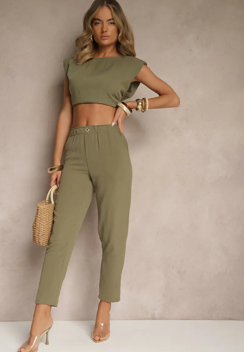 Zielone Klasyczne Spodnie Regular Waist z Gumką w Pasie Tilomira