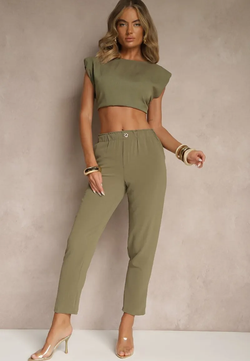 Zielone Klasyczne Spodnie Regular Waist z Gumką w Pasie Tilomira