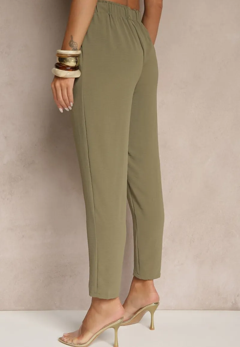 Zielone Klasyczne Spodnie Regular Waist z Gumką w Pasie Tilomira