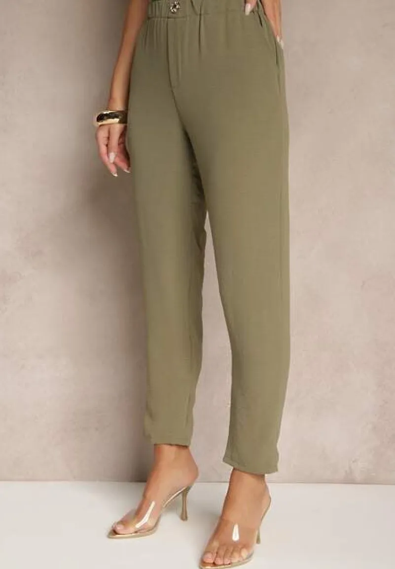 Zielone Klasyczne Spodnie Regular Waist z Gumką w Pasie Tilomira