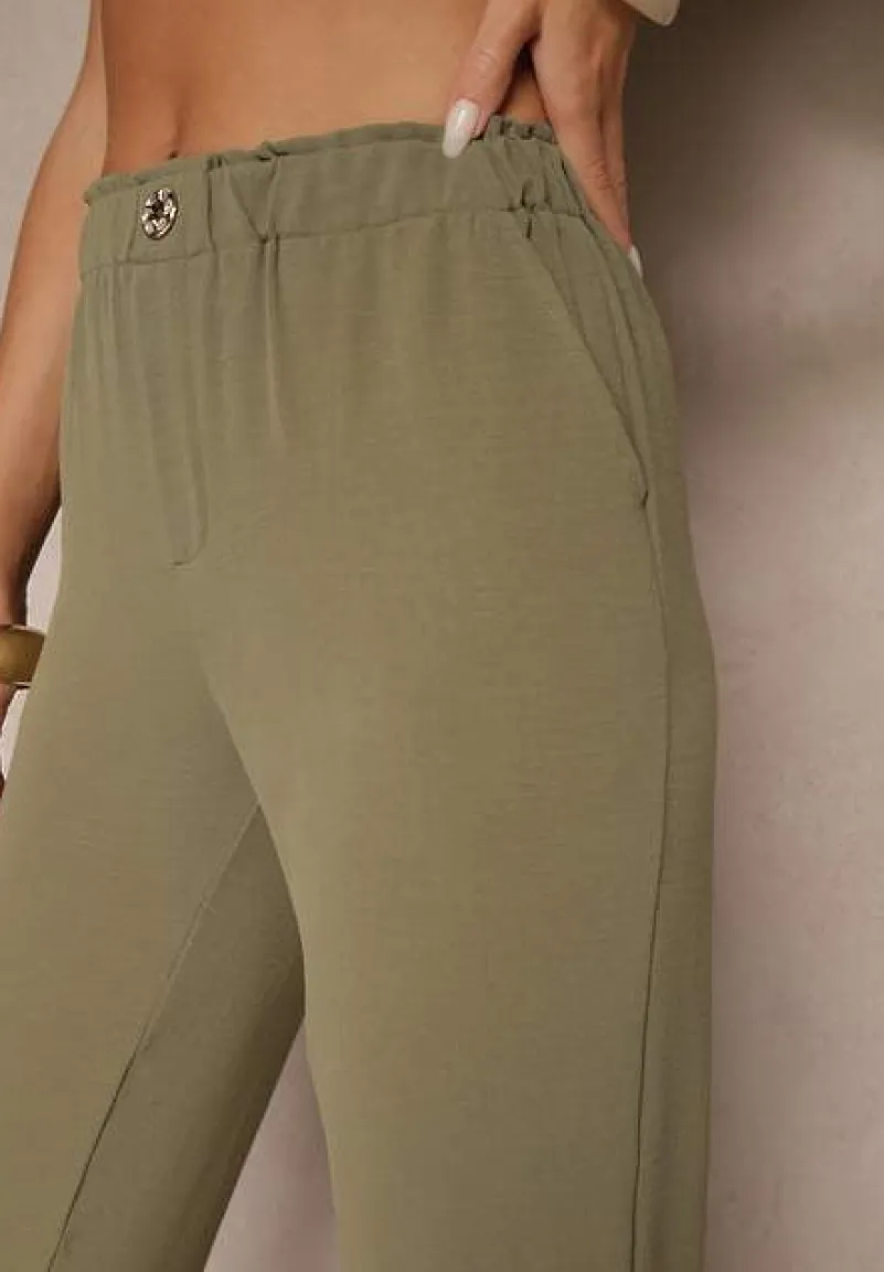 Zielone Klasyczne Spodnie Regular Waist z Gumką w Pasie Tilomira