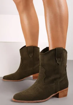 Zielone Kowbojki Botki na Niskim Obcasie z Ekozamszu Vaiyah