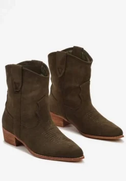Zielone Kowbojki Botki na Niskim Obcasie z Ekozamszu Vaiyah