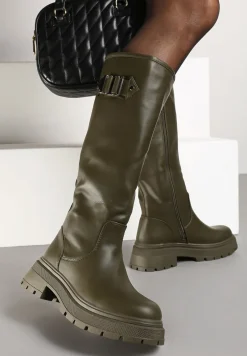 Zielone Kozaki na Płaskiej Podeszwie z Dopasowaną Cholewką z Ekoskóry i Klamrą Bellanor