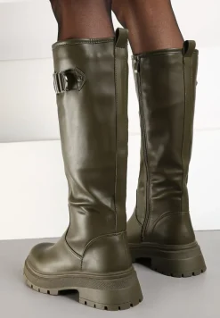 Zielone Kozaki na Płaskiej Podeszwie z Dopasowaną Cholewką z Ekoskóry i Klamrą Bellanor