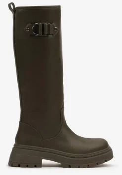 Zielone Kozaki na Płaskiej Podeszwie z Dopasowaną Cholewką z Ekoskóry i Klamrą Bellanor