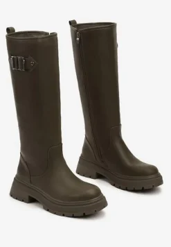 Zielone Kozaki na Płaskiej Podeszwie z Dopasowaną Cholewką z Ekoskóry i Klamrą Bellanor