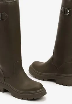 Zielone Kozaki na Płaskiej Podeszwie z Dopasowaną Cholewką z Ekoskóry i Klamrą Bellanor