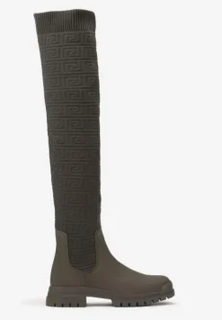 Zielone Kozaki na Płaskiej Podeszwie ze Skarpetową Cholewką z Tłoczeniem Nalithia