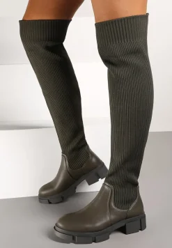 Zielone Kozaki na Platformie ze Skarpetową Cholewką Ellandra