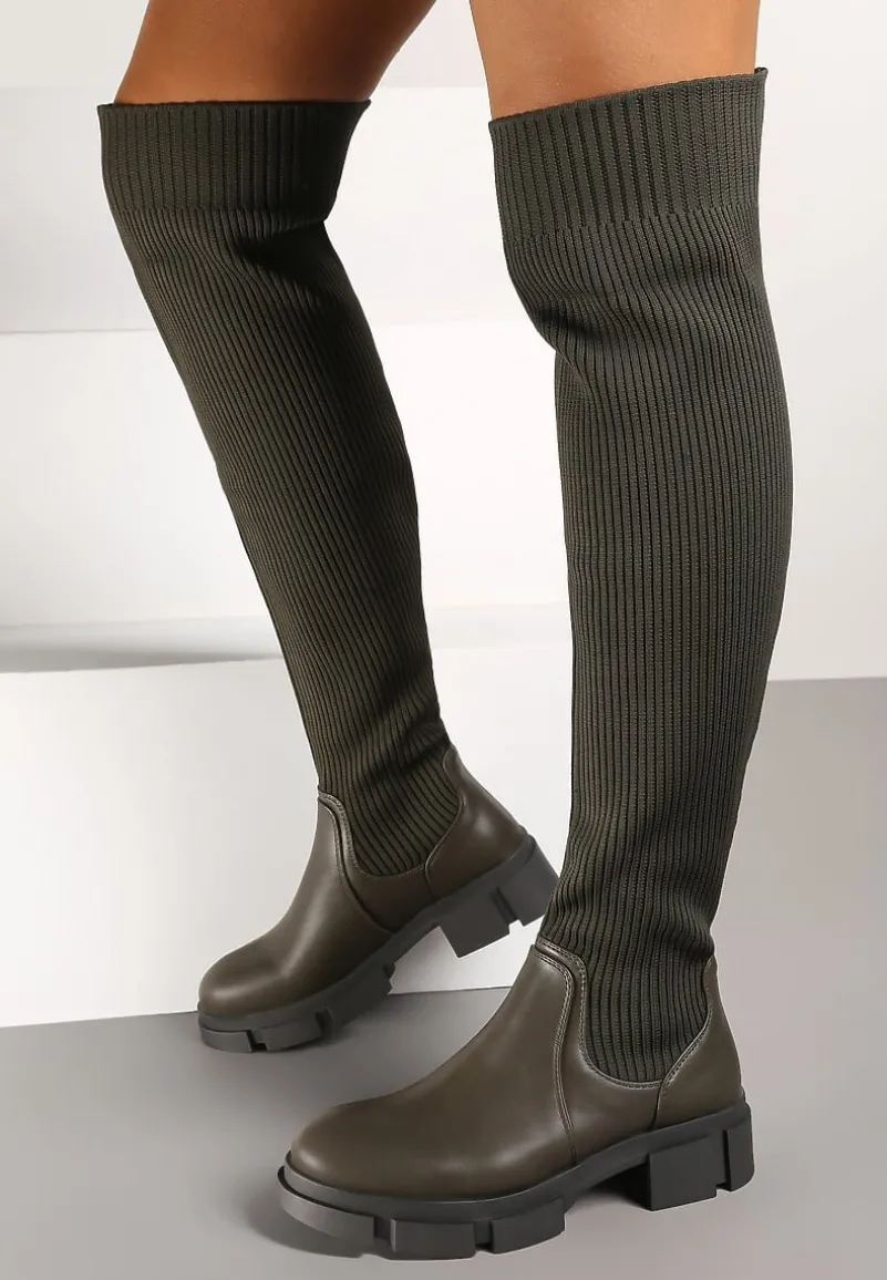 Zielone Kozaki na Platformie ze Skarpetową Cholewką Ellandra