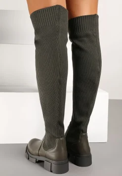 Zielone Kozaki na Platformie ze Skarpetową Cholewką Ellandra