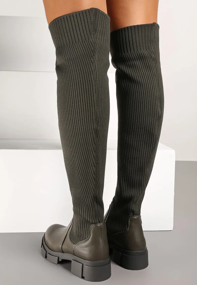 Zielone Kozaki na Platformie ze Skarpetową Cholewką Ellandra