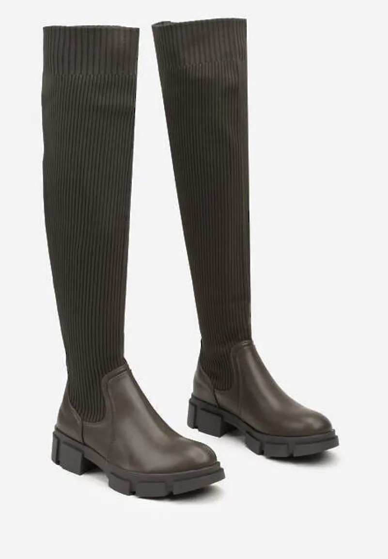 Zielone Kozaki na Platformie ze Skarpetową Cholewką Ellandra