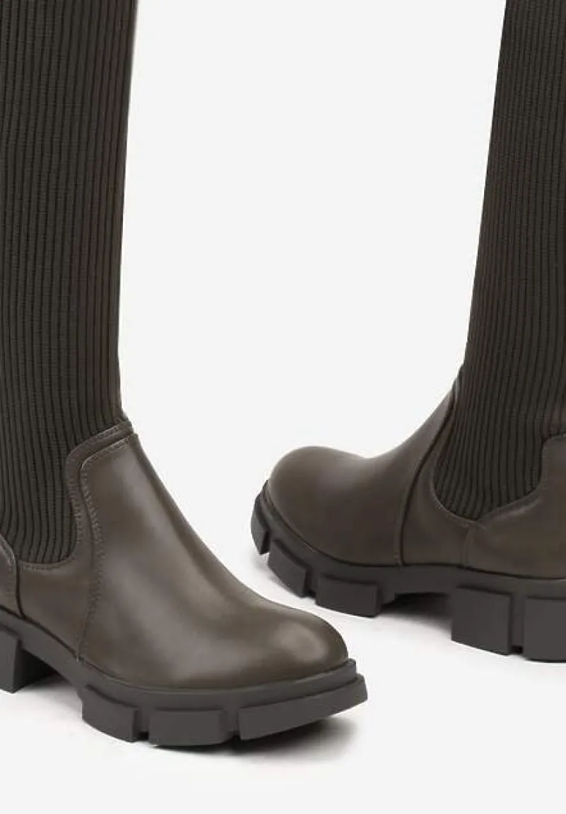 Zielone Kozaki na Platformie ze Skarpetową Cholewką Ellandra