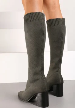 Zielone Kozaki na Słupku ze Elastyczną Cholewką Ellitra