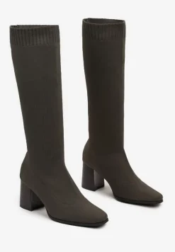 Zielone Kozaki na Słupku ze Elastyczną Cholewką Ellitra