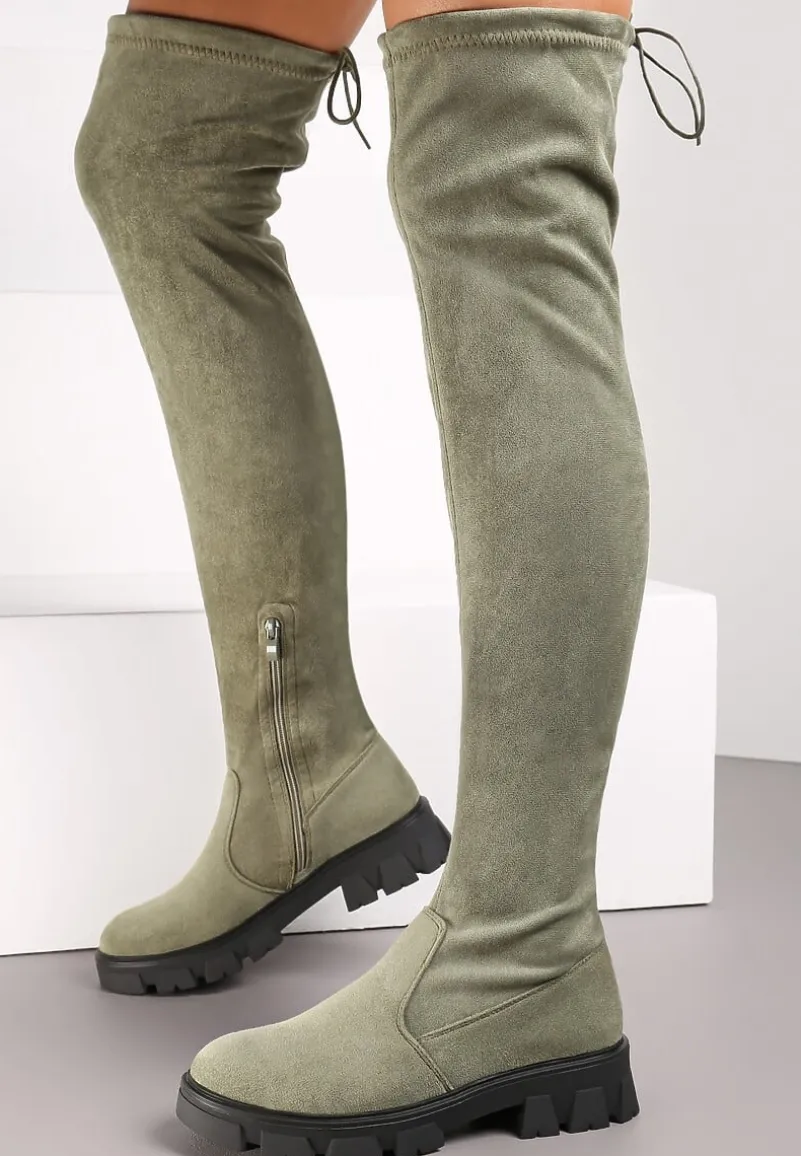 Zielone Kozaki z Dopasowaną Cholewką za Kolano Cilki