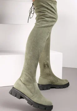 Zielone Kozaki z Dopasowaną Cholewką za Kolano Cilki