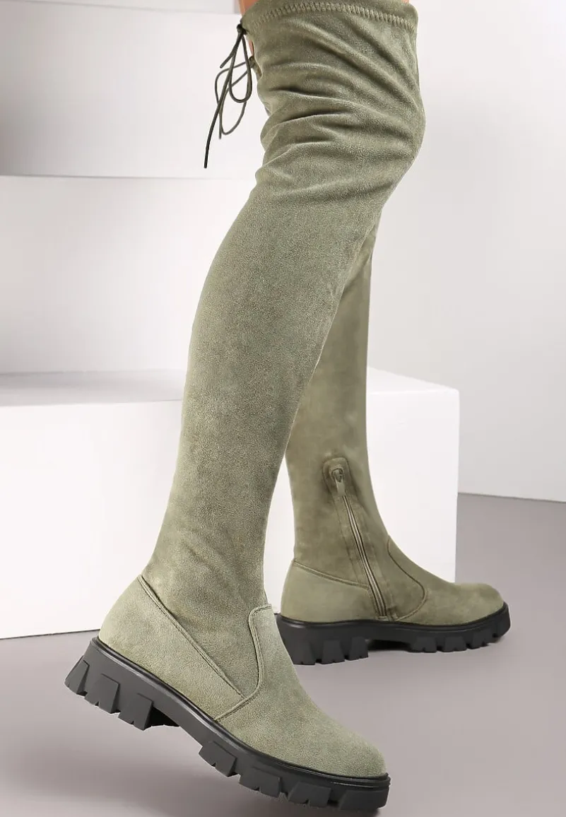 Zielone Kozaki z Dopasowaną Cholewką za Kolano Cilki