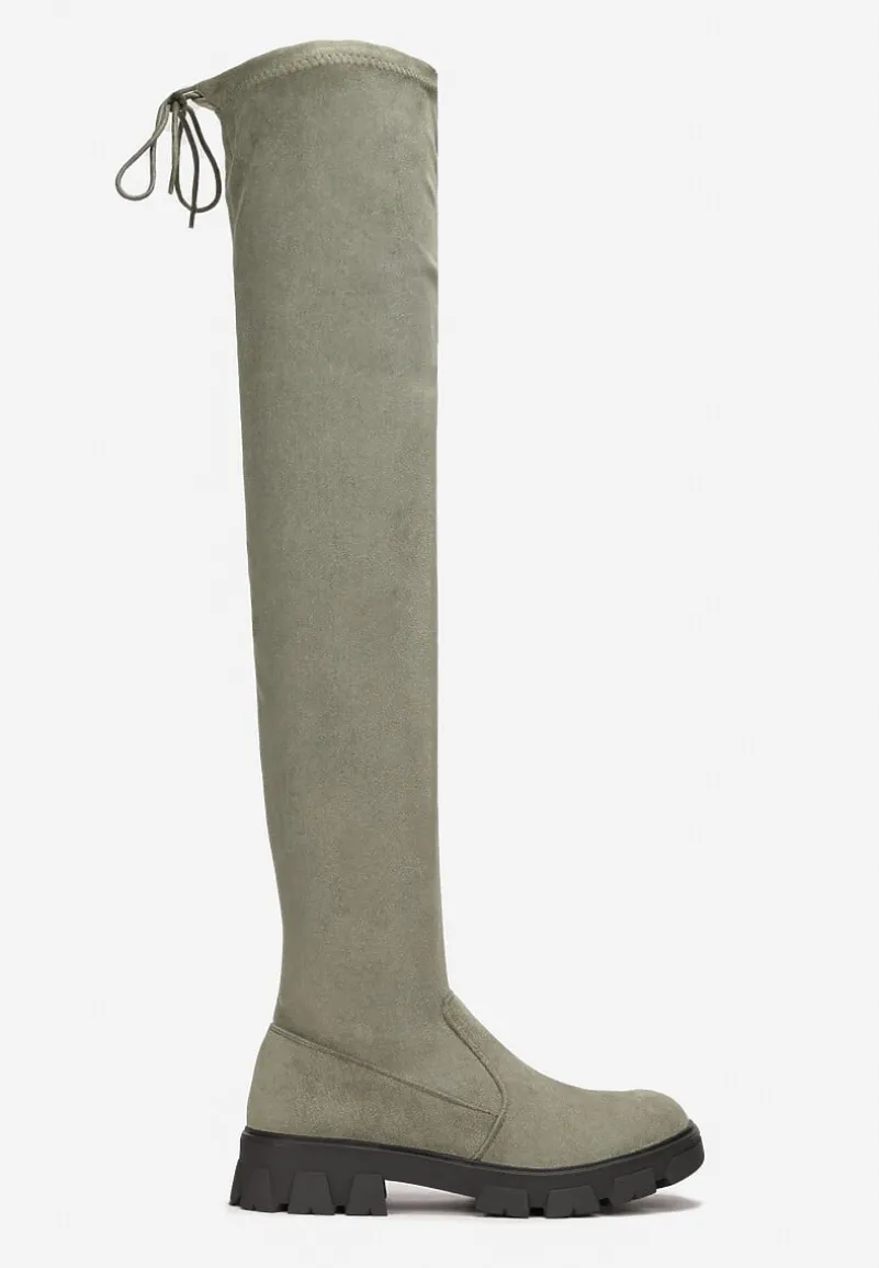 Zielone Kozaki z Dopasowaną Cholewką za Kolano Cilki