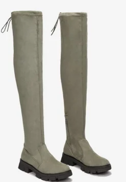 Zielone Kozaki z Dopasowaną Cholewką za Kolano Cilki