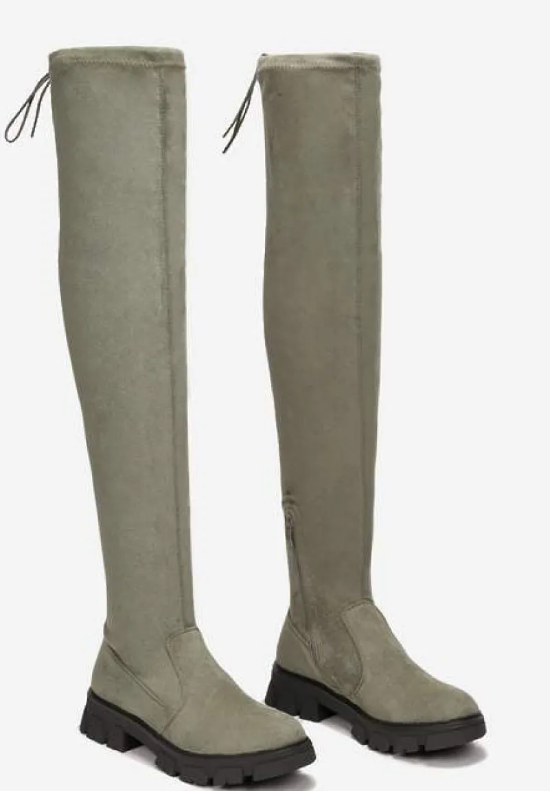 Zielone Kozaki z Dopasowaną Cholewką za Kolano Cilki