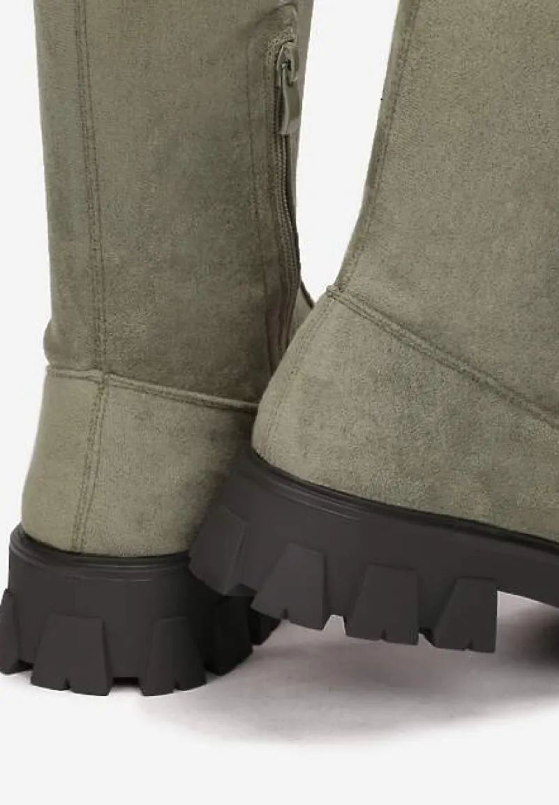 Zielone Kozaki z Dopasowaną Cholewką za Kolano Cilki