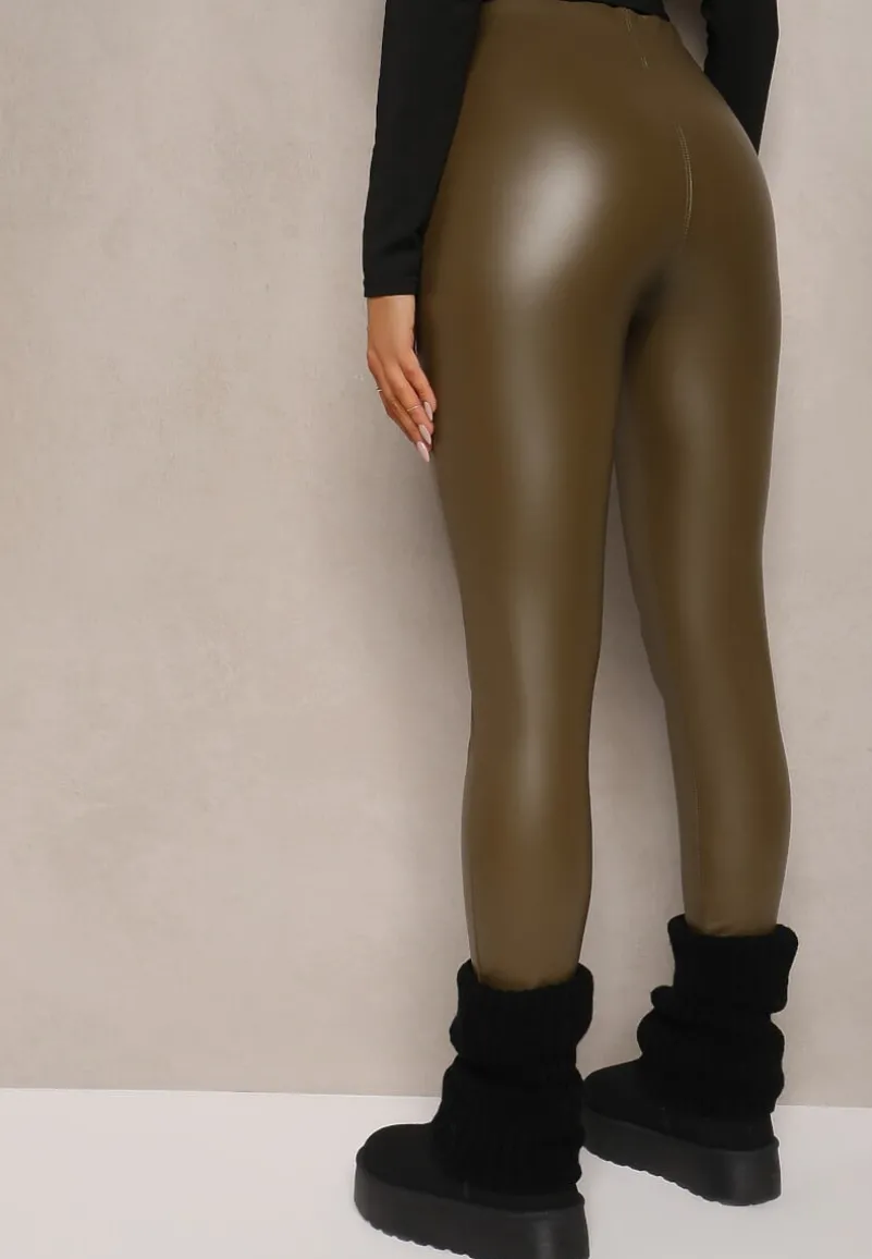 Zielone Legginsy High Waist z Imitacji Skóry z Gumką w Pasie Ozdobione Guzikami Sinairis