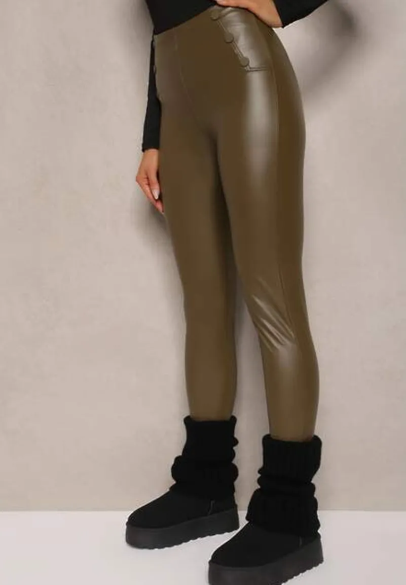 Zielone Legginsy High Waist z Imitacji Skóry z Gumką w Pasie Ozdobione Guzikami Sinairis