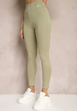 Zielone Legginsy High Waist z Gumką w Pasie Cloen
