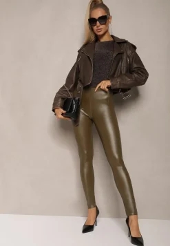 Zielone Legginsy z Imitacji Skóry High Waist z Polarem Labrinne