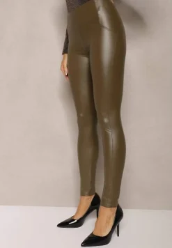 Zielone Legginsy z Imitacji Skóry High Waist z Polarem Labrinne