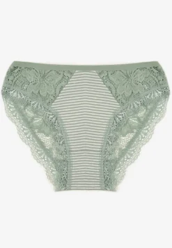 Zielone Majtki Figi Ozdobione Wzorem w Paseczki i Koronką Olibia