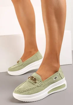 Zielone Mokasyny na Platformie z Łańcuszkiem Himenna