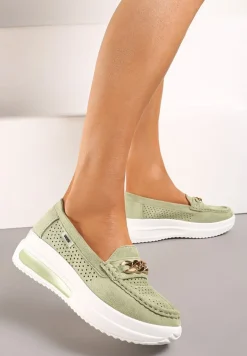 Zielone Mokasyny na Platformie z Łańcuszkiem Himenna