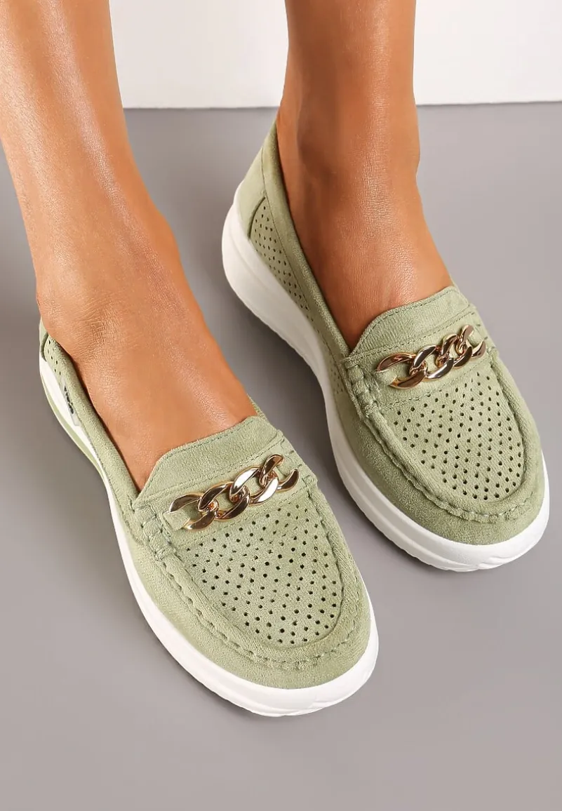 Zielone Mokasyny na Platformie z Łańcuszkiem Himenna