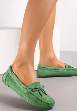 Zielone Mokasyny z Cholewką przed Kostkę z Przeszyciami i Ozdobną Kokardką Yaledia