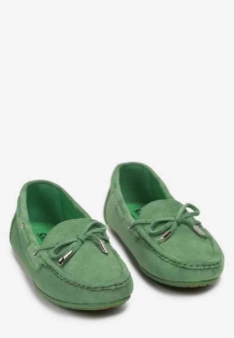 Zielone Mokasyny z Cholewką przed Kostkę z Przeszyciami i Ozdobną Kokardką Yaledia