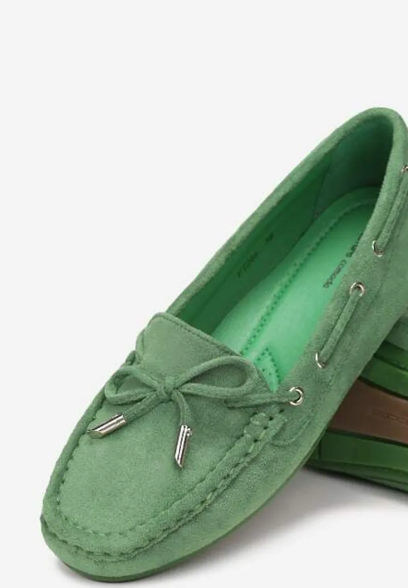 Zielone Mokasyny z Cholewką przed Kostkę z Przeszyciami i Ozdobną Kokardką Yaledia