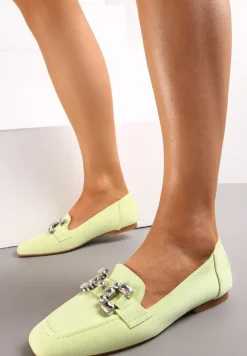 Zielone Mokasyny z Imitacji Zamszu z Ozdobnym Paskiem z Kryształkami Sornia