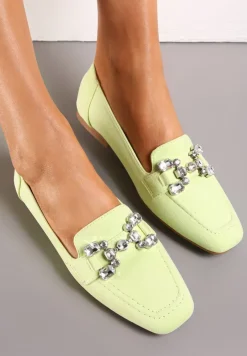 Zielone Mokasyny z Imitacji Zamszu z Ozdobnym Paskiem z Kryształkami Sornia