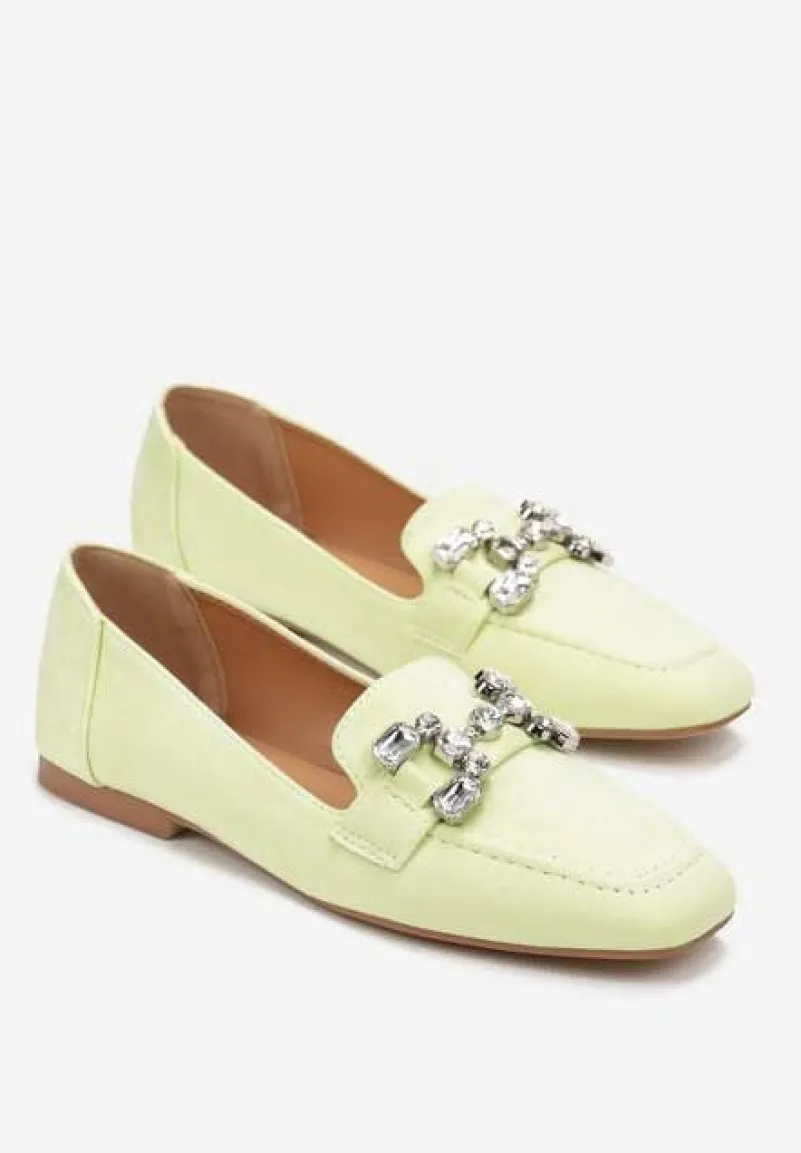 Zielone Mokasyny z Imitacji Zamszu z Ozdobnym Paskiem z Kryształkami Sornia