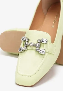 Zielone Mokasyny z Imitacji Zamszu z Ozdobnym Paskiem z Kryształkami Sornia