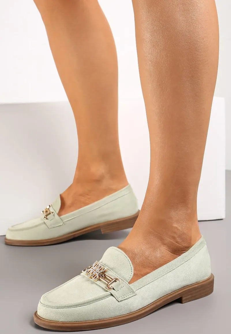 Zielone Mokasyny z Imitacji Zamszu Ozdobione Metaliczną Klamrą i Cyrkoniami Leoxa