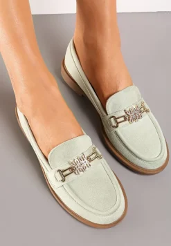 Zielone Mokasyny z Imitacji Zamszu Ozdobione Metaliczną Klamrą i Cyrkoniami Leoxa