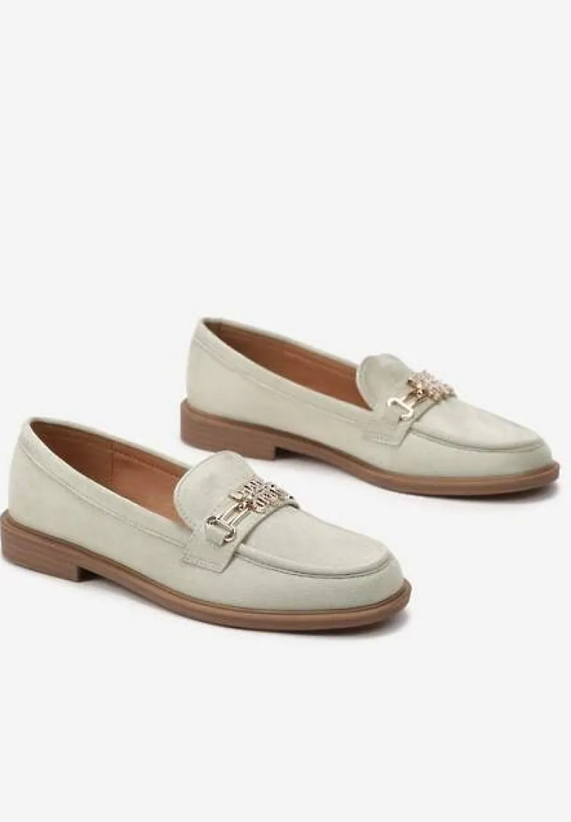 Zielone Mokasyny z Imitacji Zamszu Ozdobione Metaliczną Klamrą i Cyrkoniami Leoxa