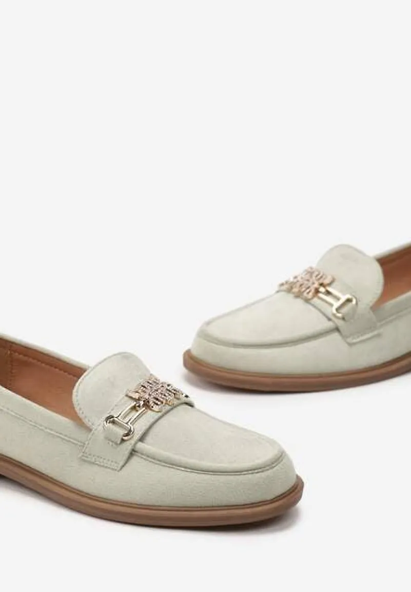 Zielone Mokasyny z Imitacji Zamszu Ozdobione Metaliczną Klamrą i Cyrkoniami Leoxa